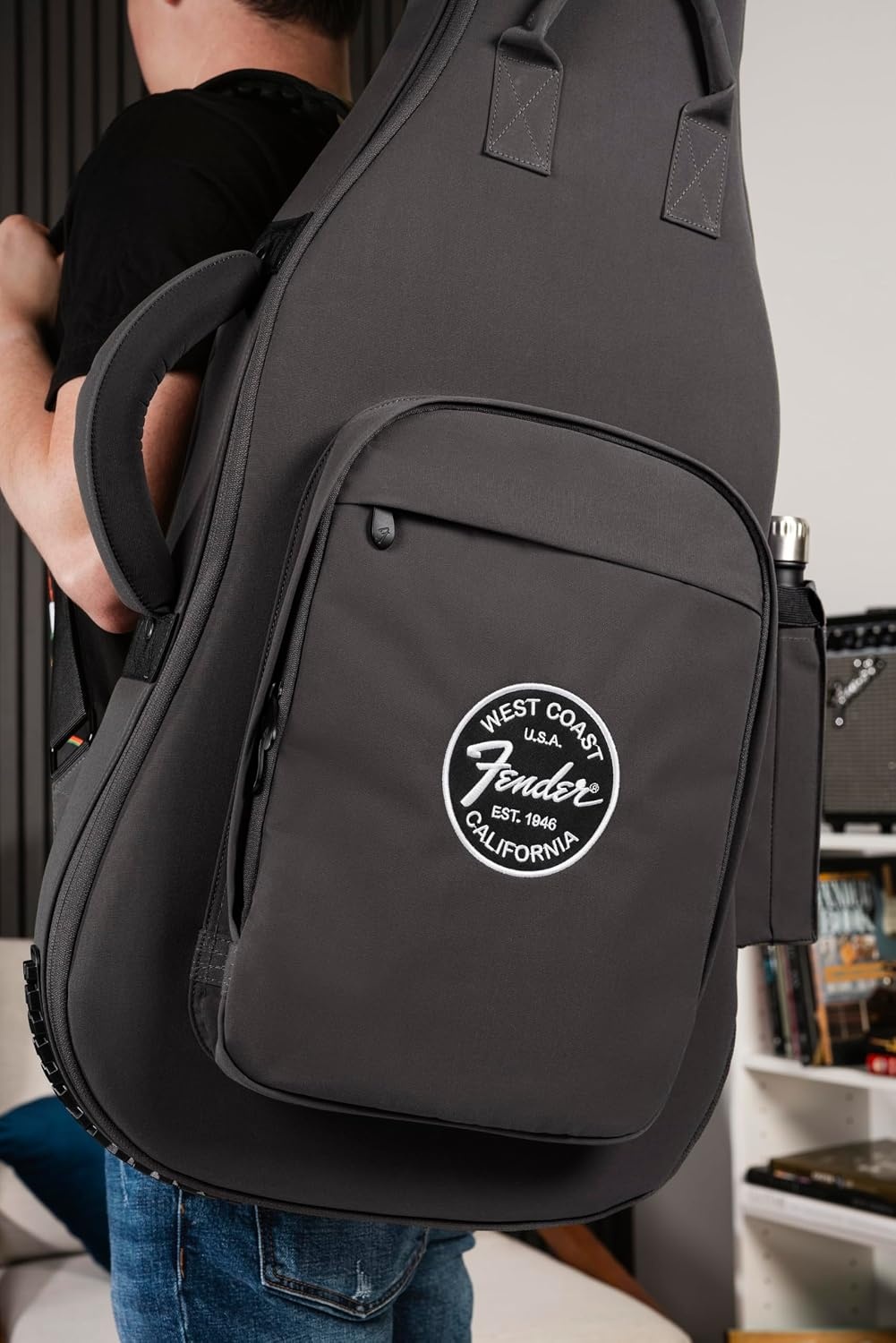 image:imageFender Troubadour Bass Guitar Gig Bag Padded Guitar Case with Ergonomic Backpack Straps WeatherResistant Waxed Canvas with 25mm Padded Protection Professional Travel CaseCharcoal
