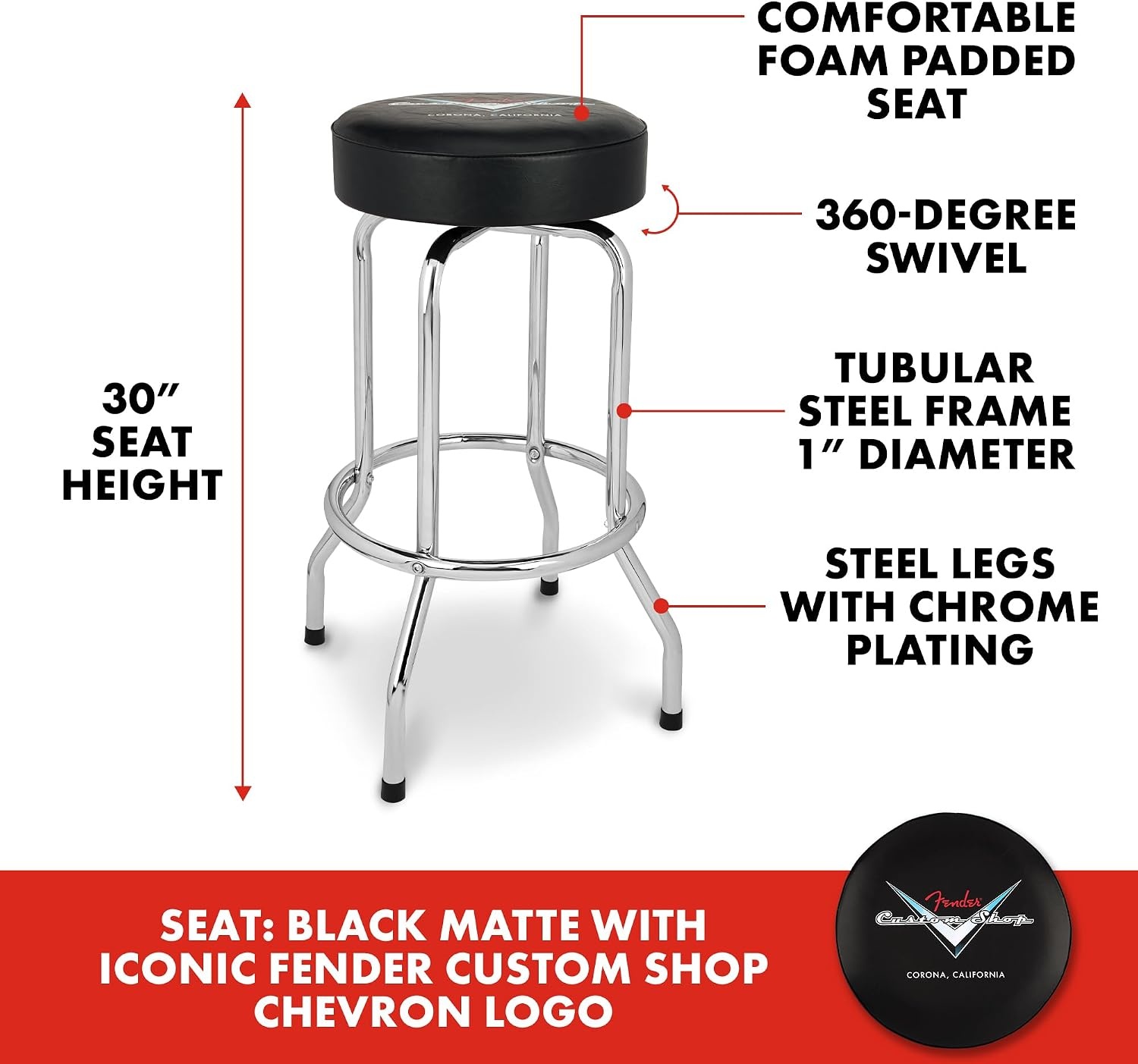 image:imageFender Spaghetti Logo Swivel Barstool with Guitar Picks Pouch Great Gifts for Dad with 1 Year Limited Warranty Simple Assembly BlackBlack 30Custom Shop