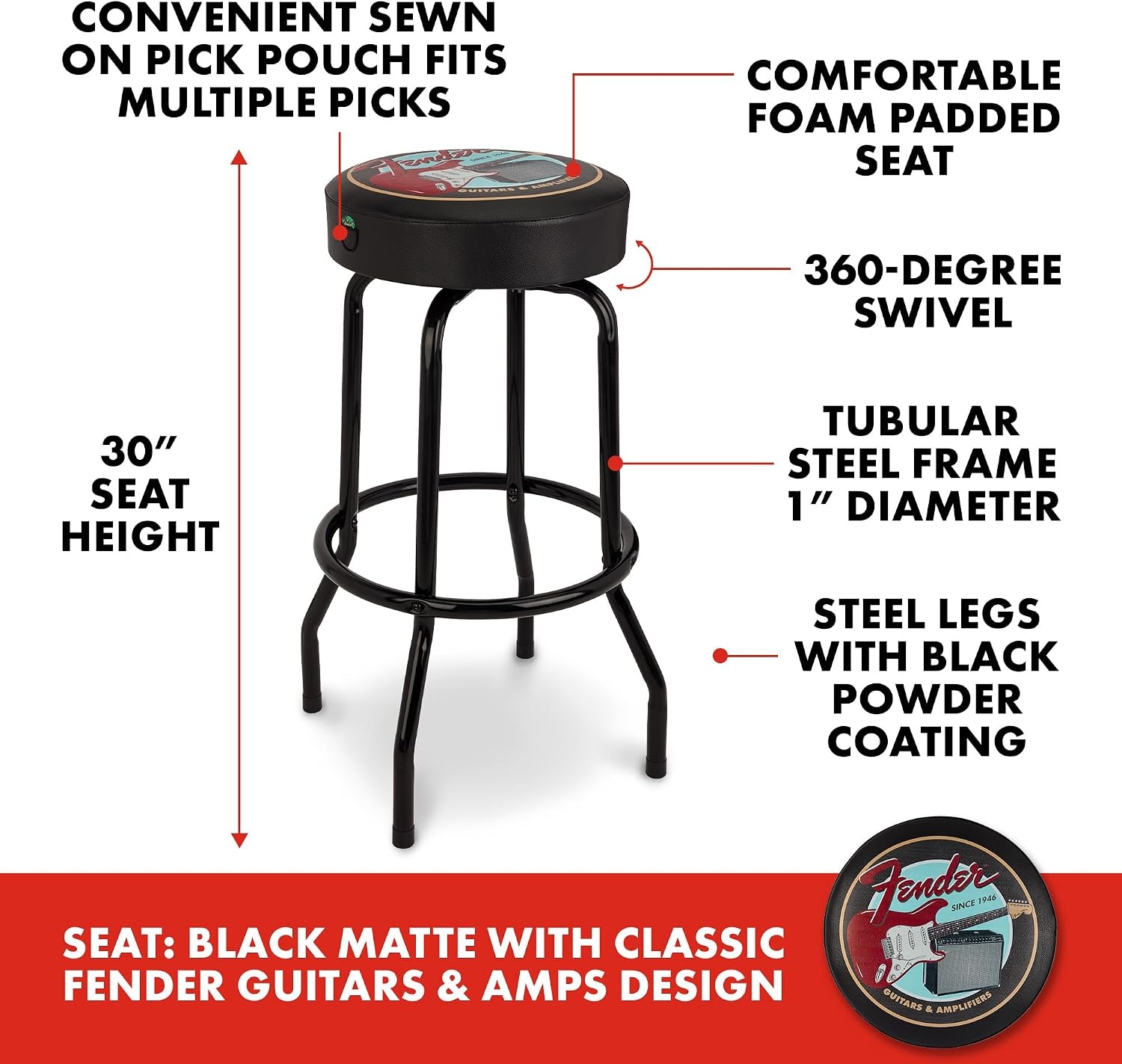 image:imageFender Spaghetti Logo Swivel Barstool with Guitar Picks Pouch Great Gifts for Dad with 1 Year Limited Warranty Simple Assembly BlackBlack 30Guitar and Amps