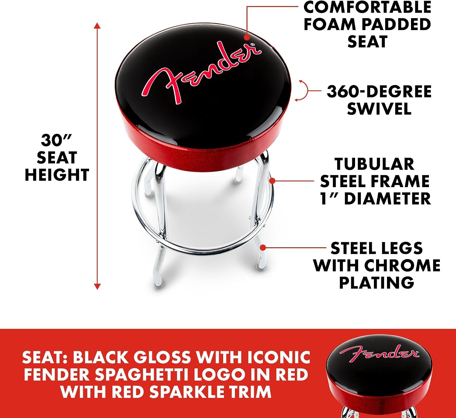 image:imageFender Spaghetti Logo Swivel Barstool with Guitar Picks Pouch Great Gifts for Dad with 1 Year Limited Warranty Simple Assembly BlackBlack 30Red Sparkle