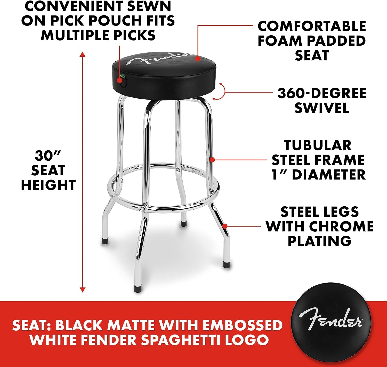 image:imageFender Spaghetti Logo Swivel Barstool with Guitar Picks Pouch Great Gifts for Dad with 1 Year Limited Warranty Simple Assembly BlackBlack 30Spaghetti Logo
