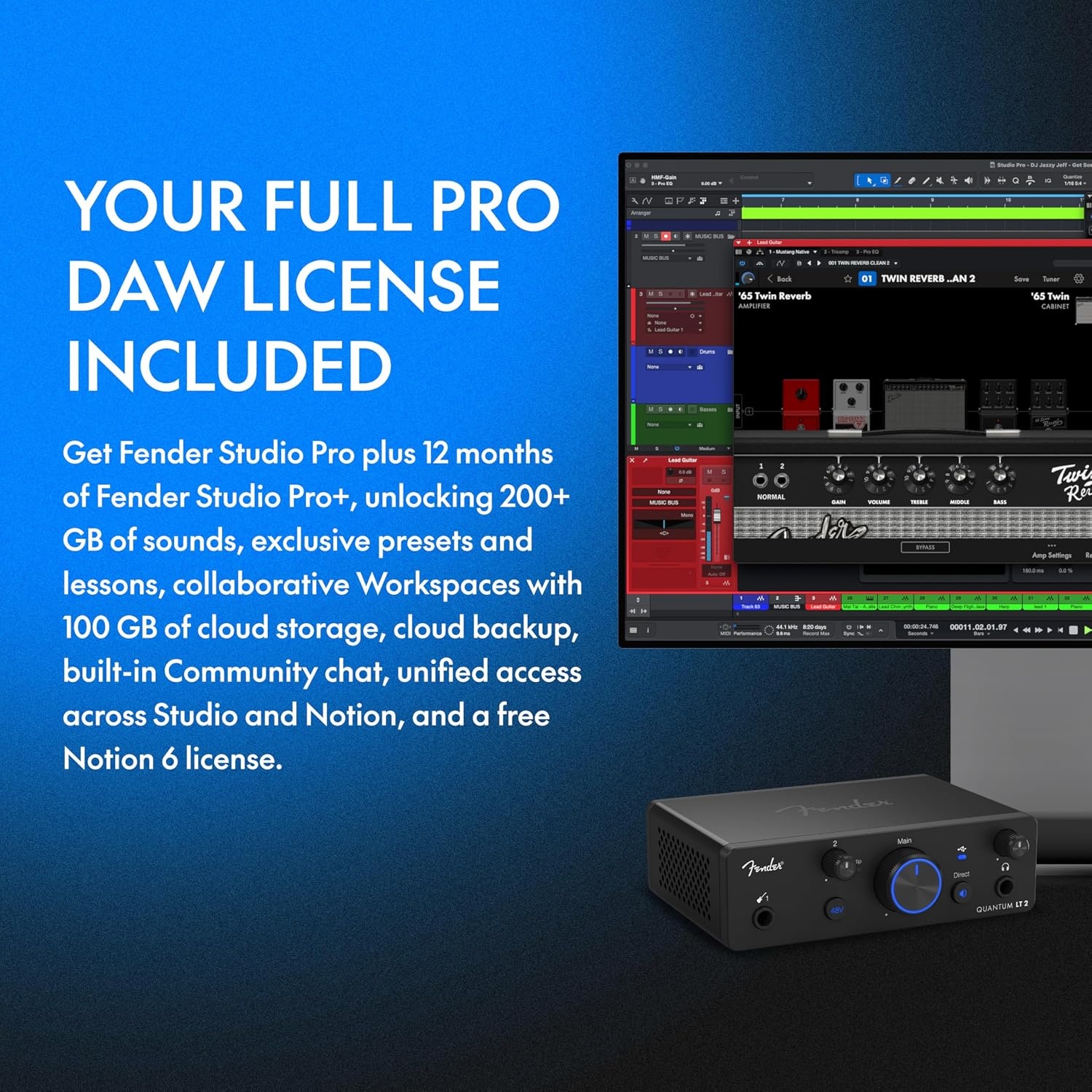 image:imageFender Quantum Creator Bundle Home Recording Kit with Quantum LT 2 USBC Interface M7 Condenser Microphone HD7 Headphones XLR Cable Mic Stand Fender Studio Pro Beginner Studio BundleLT 2 Creator Bundle