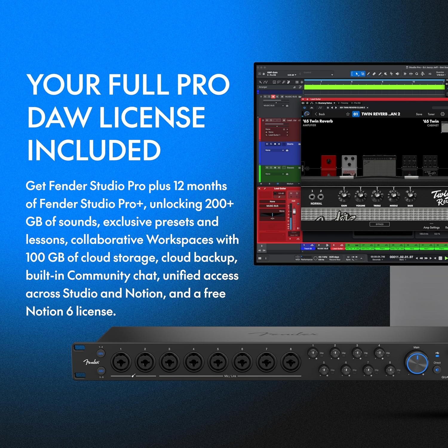 image:imageFender Quantum Creator Bundle Home Recording Kit with Quantum LT 2 USBC Interface M7 Condenser Microphone HD7 Headphones XLR Cable Mic Stand Fender Studio Pro Beginner Studio BundleQuantum LT 16