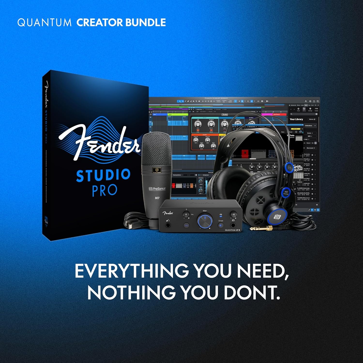 image:imageFender Quantum Creator Bundle Home Recording Kit with Quantum LT 2 USBC Interface M7 Condenser Microphone HD7 Headphones XLR Cable Mic Stand Fender Studio Pro Beginner Studio BundleLT 2 Creator Bundle
