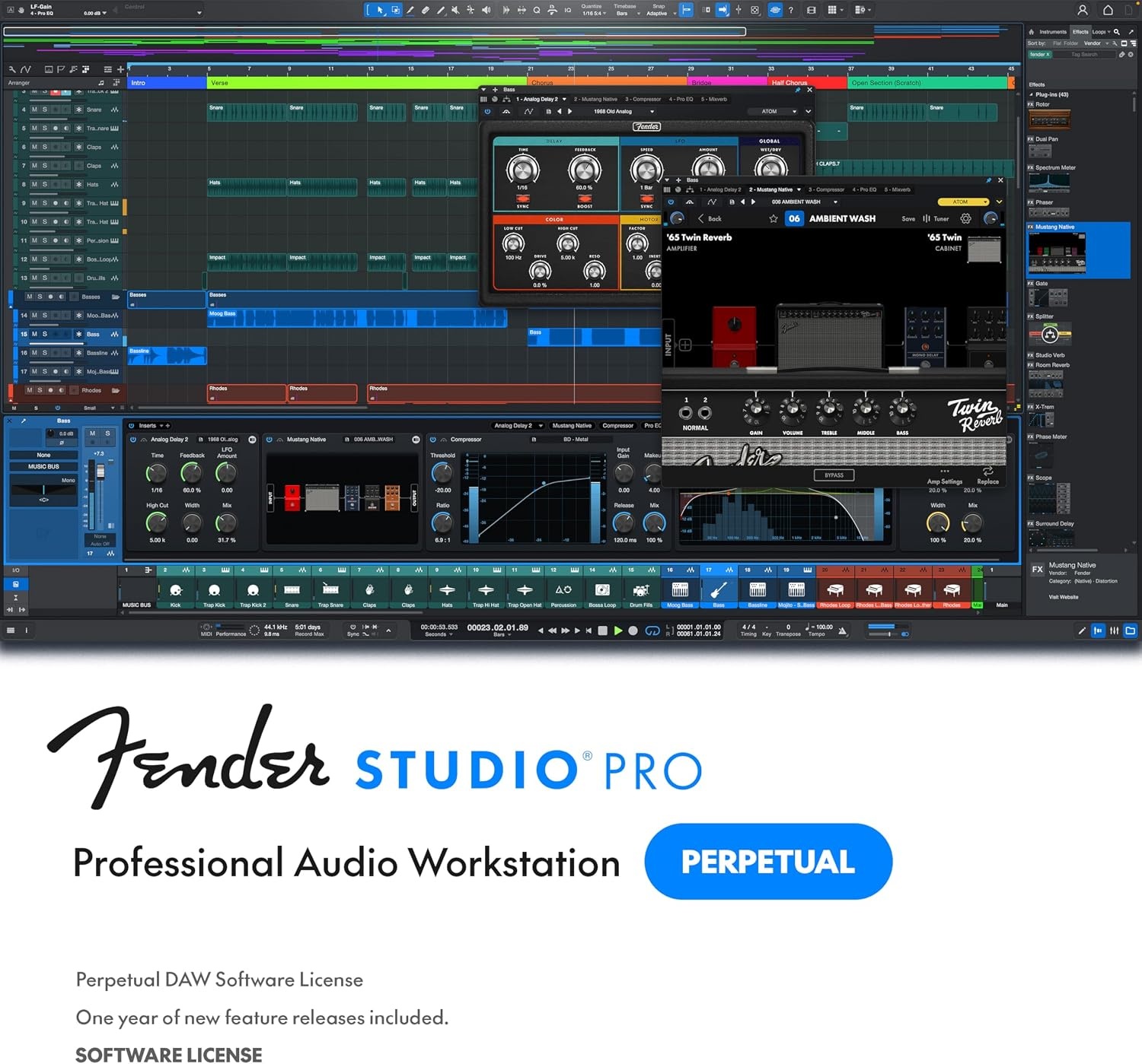 image:imageFender Studio Pro Perpetual License Full Music Production Software Digital Audio Workstation Guitar Recording Software Fender Amp Modeling AudiotoMIDI Tools Mix amp Master Unlimited TracksPCMac