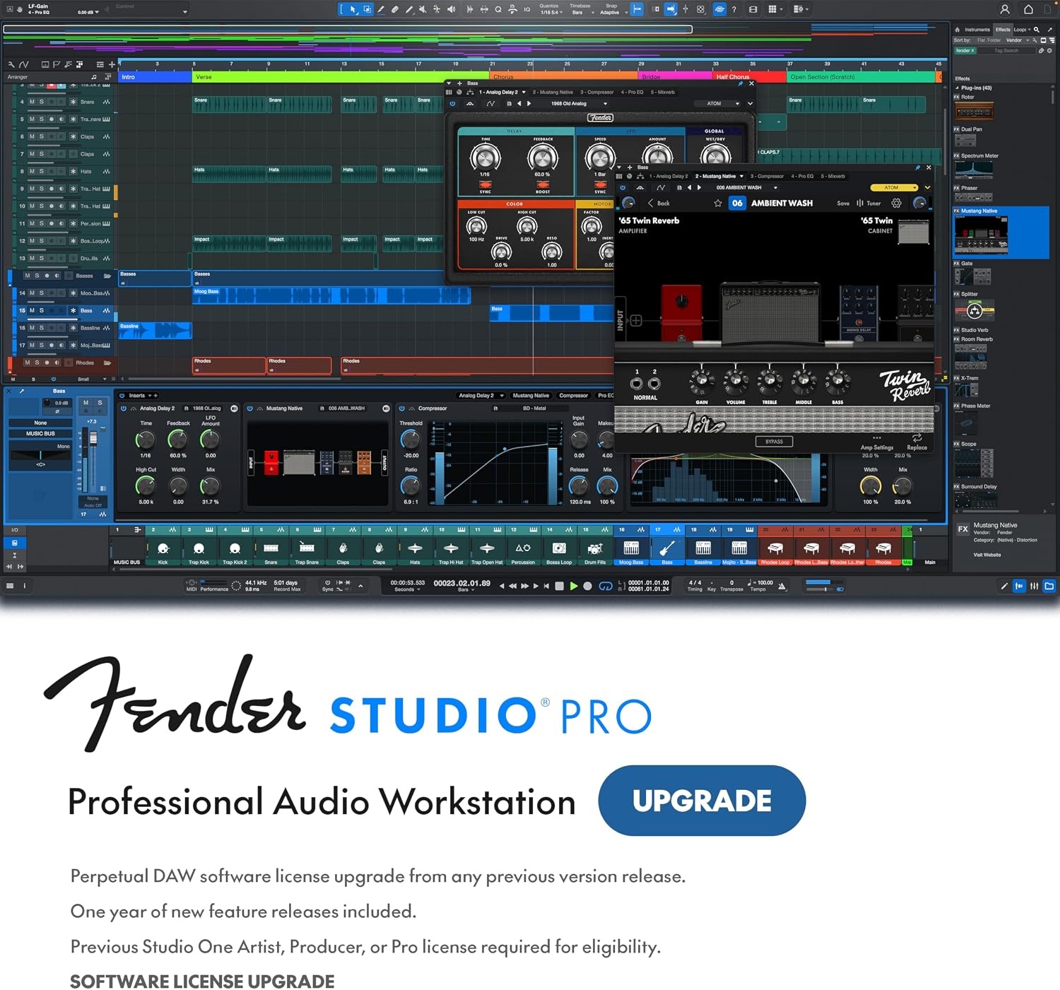 image:imageFender Studio Pro Perpetual License Full Music Production Software Digital Audio Workstation Guitar Recording Software Fender Amp Modeling AudiotoMIDI Tools Mix amp Master Unlimited TracksPCMac
