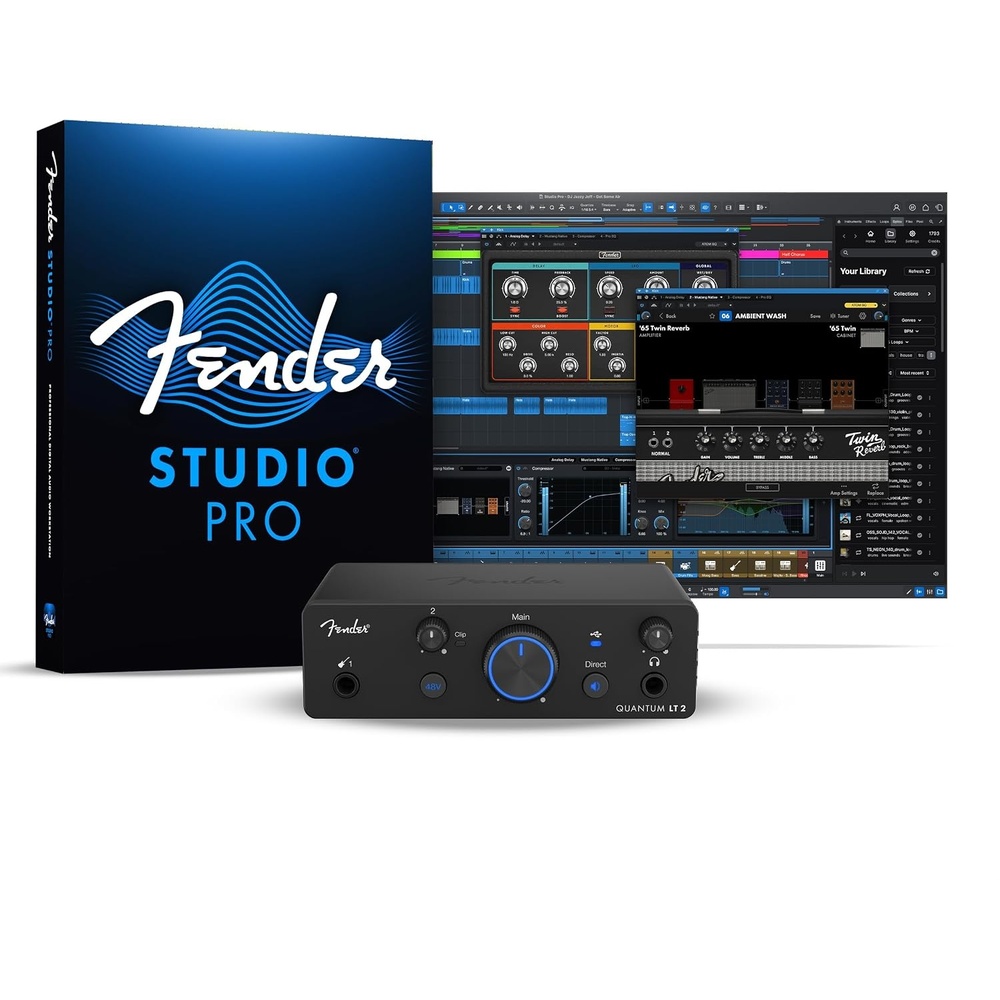 image:imageFender Quantum Creator Bundle Home Recording Kit with Quantum LT 2 USBC Interface M7 Condenser Microphone HD7 Headphones XLR Cable Mic Stand Fender Studio Pro Beginner Studio BundleQuantum LT 2