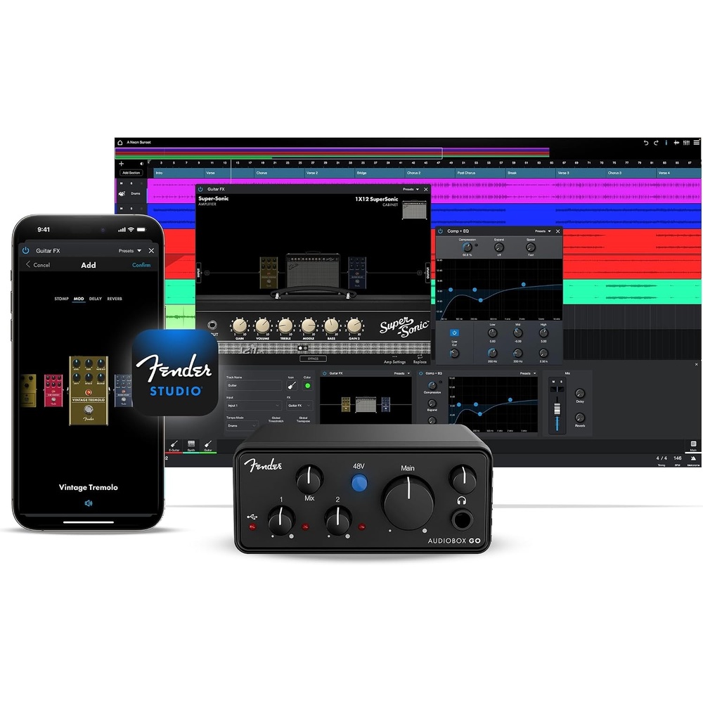 image:imageFender Quantum Creator Bundle Home Recording Kit with Quantum LT 2 USBC Interface M7 Condenser Microphone HD7 Headphones XLR Cable Mic Stand Fender Studio Pro Beginner Studio BundleAudioBox GO