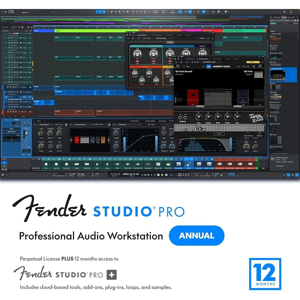 image:imageFender Studio Pro Perpetual License Full Music Production Software Digital Audio Workstation Guitar Recording Software Fender Amp Modeling AudiotoMIDI Tools Mix amp Master Unlimited TracksPCMac