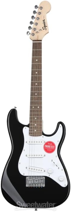 image:imageSquier Mini Stratocaster Beginner Electric Guitar Short Scale Black Short scale kids electric guitar laurel fingerboard 2year warranty ideal starter under 200 Fenderbacked qualityBlack