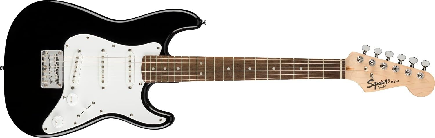 image:imageSquier Mini Stratocaster Beginner Electric Guitar Short Scale Black Short scale kids electric guitar laurel fingerboard 2year warranty ideal starter under 200 Fenderbacked qualityBlack