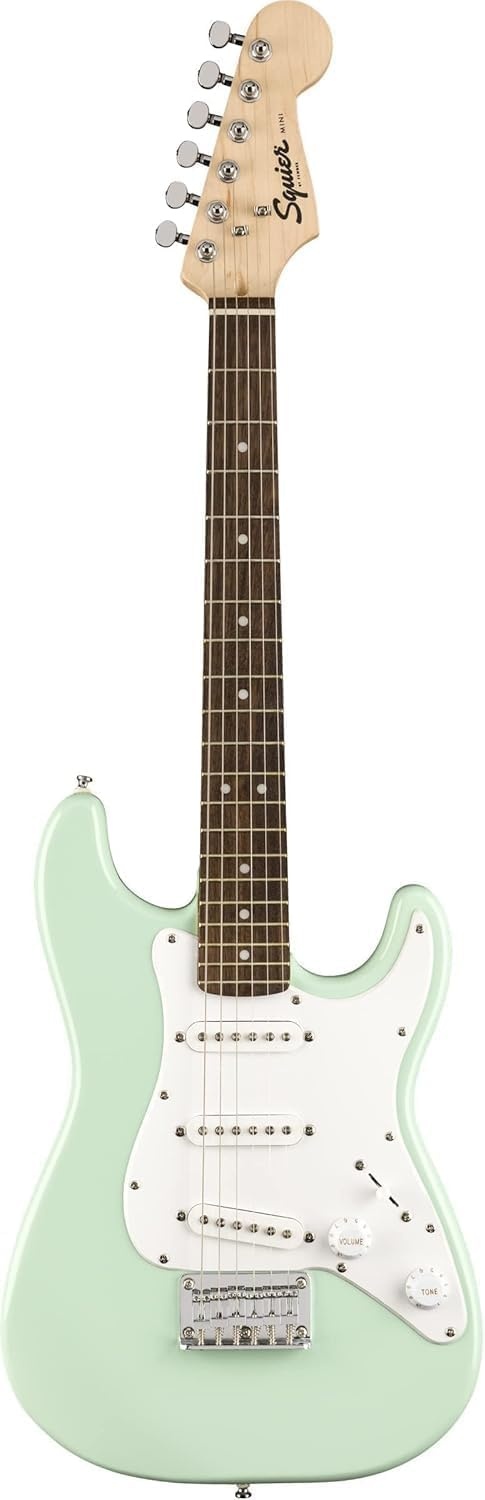 image:imageSquier Mini Stratocaster Beginner Electric Guitar Short Scale Black Short scale kids electric guitar laurel fingerboard 2year warranty ideal starter under 200 Fenderbacked qualitySurf Green