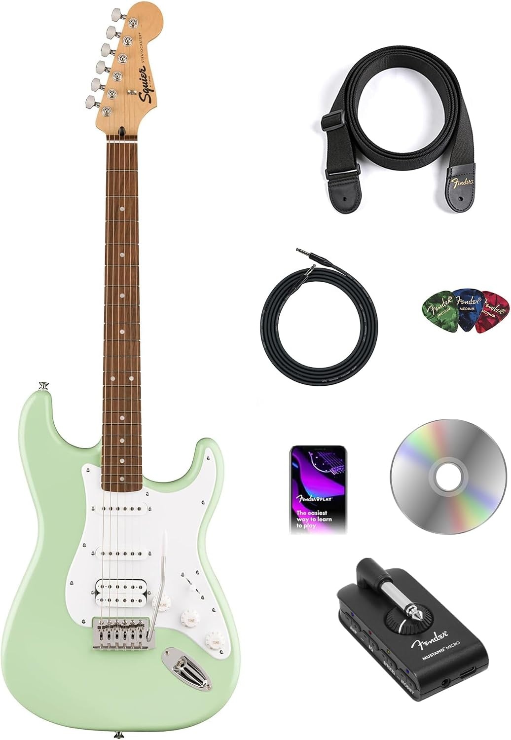 image:imageSquire Sonic Stratocaster Electric Guitar Tahitian Coral Maple Fingerboard White PickguardSurf Green