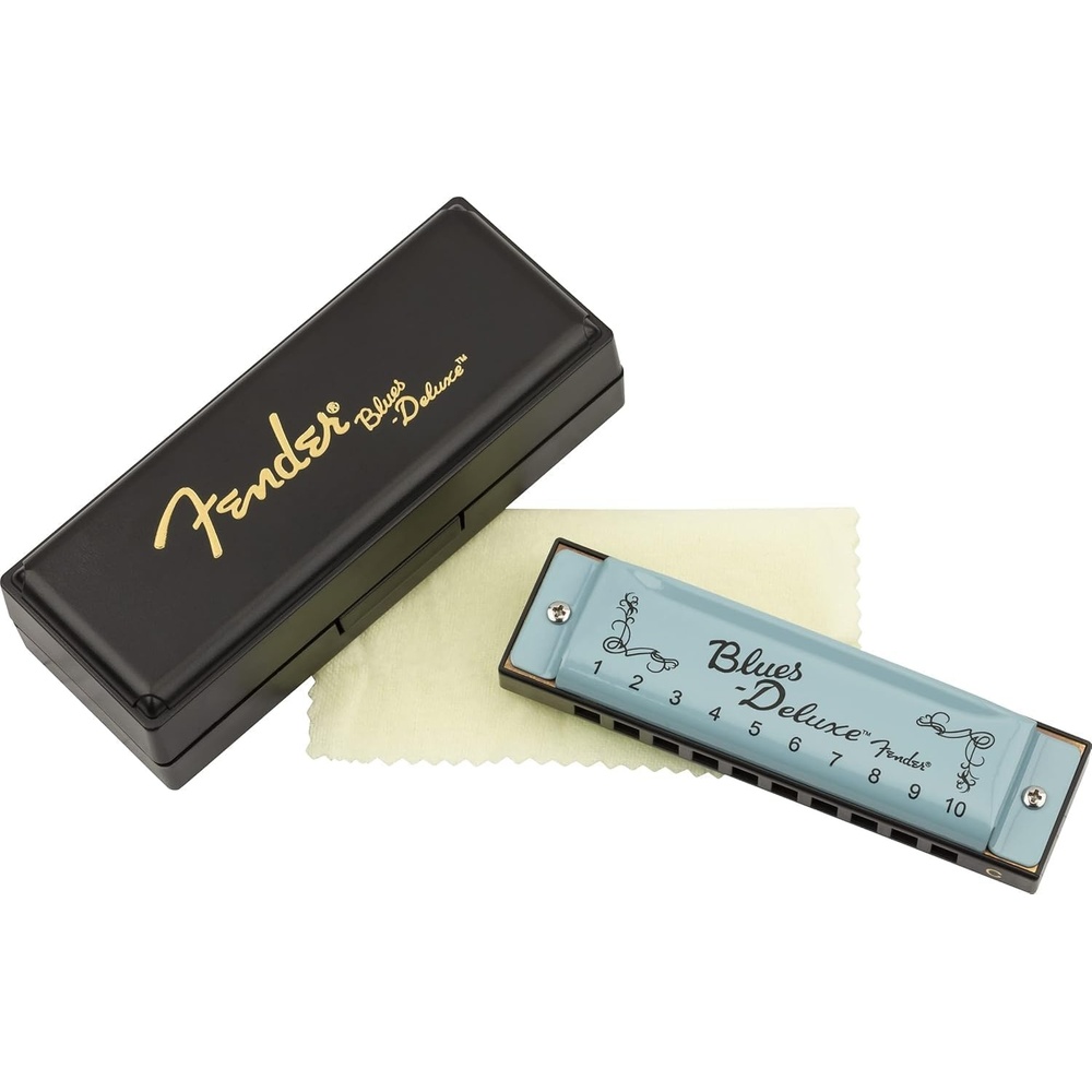 image:imageFender Blues Deluxe Harmonica Guitar Accessories Key of C 10 Holes Includes Hard Plastic Carrying Case Daphne Blue