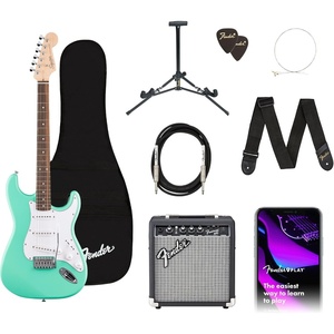 Fender Mini Stratocaster Beginner Electric Guitar Kit with Amp, Daphne Blue(Seafoam Green)