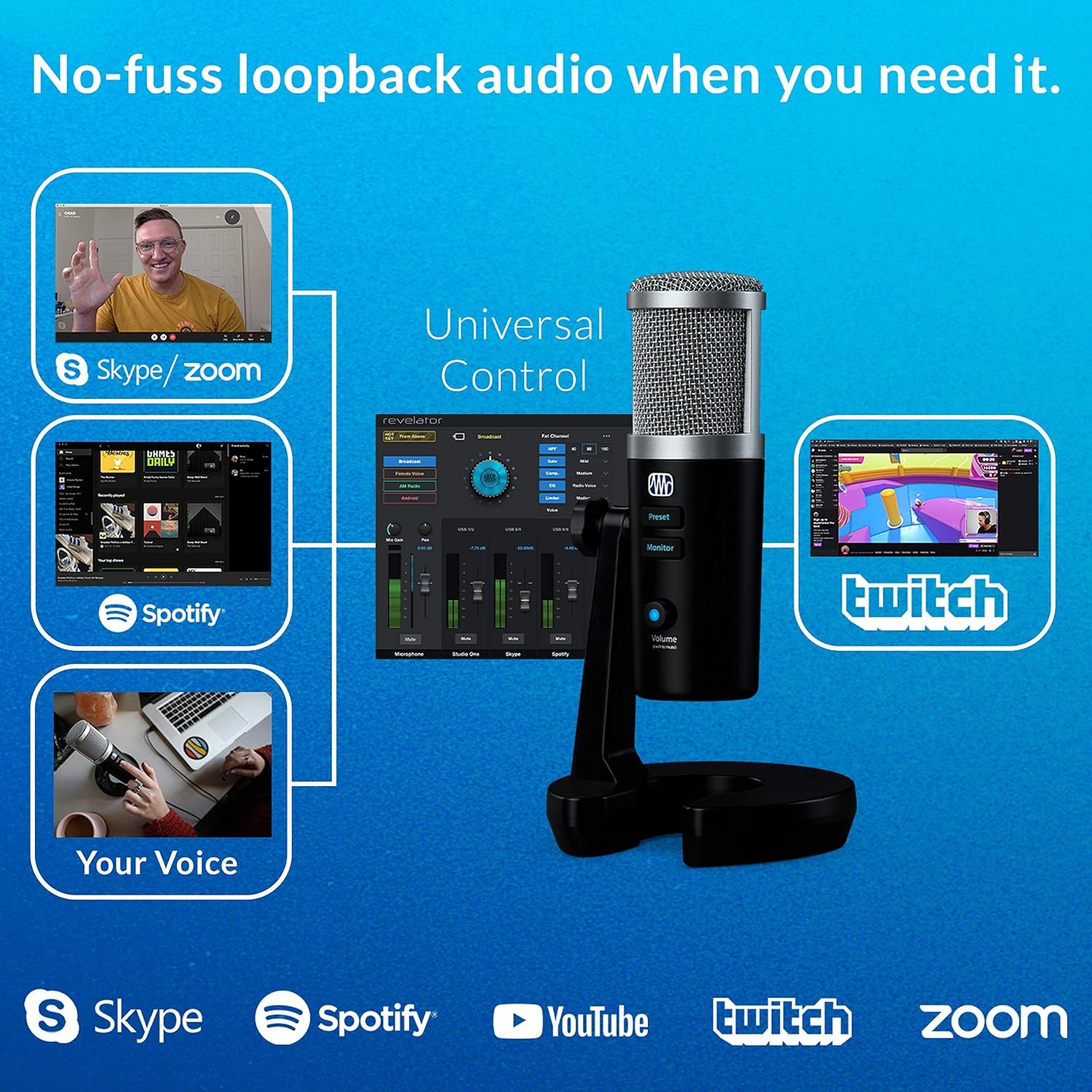 image:imagePreSonus Revelator USB Condenser Microphone for podcasting live streaming with builtin voice effects plus loopback mixer for gaming casting and recording interviews over Skype Zoom DiscordRevelator USBC Condenser Mic