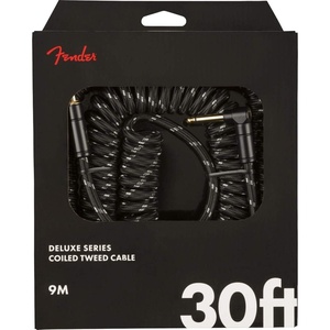 Fender Deluxe Series Coiled Instrument Cable, Guitar Cable, Guitar Accessories, Straight/Angle, Black Tweed, 30ft(Black)