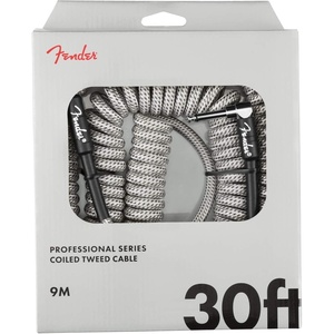 Fender Professional Series Tweed Coiled Instrument Cable, Guitar Cable, Guitar Accessories, Straight/Angle, White, 30ft(Grey Tweed)