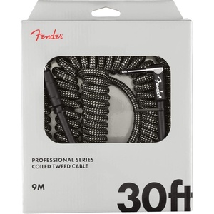 Fender Professional Series Tweed Coiled Instrument Cable, Guitar Cable, Guitar Accessories, Straight/Angle, White, 30ft(Red Tweed)