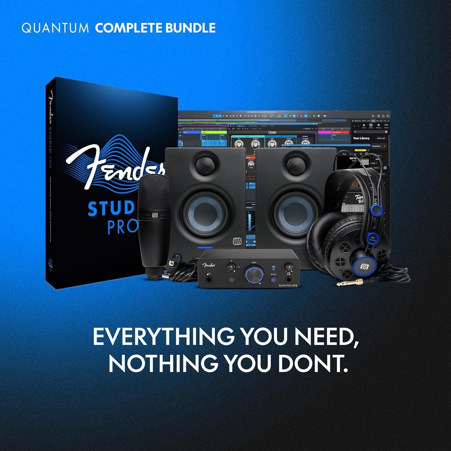 image:imageBundle of Fender Quantum Complete Bundle Home Recording Studio Kit with USBC LT 2 Audio Interface M7 MkII Condenser Mic and More Fender Professional Series Guitar Cable 10 ft Black
