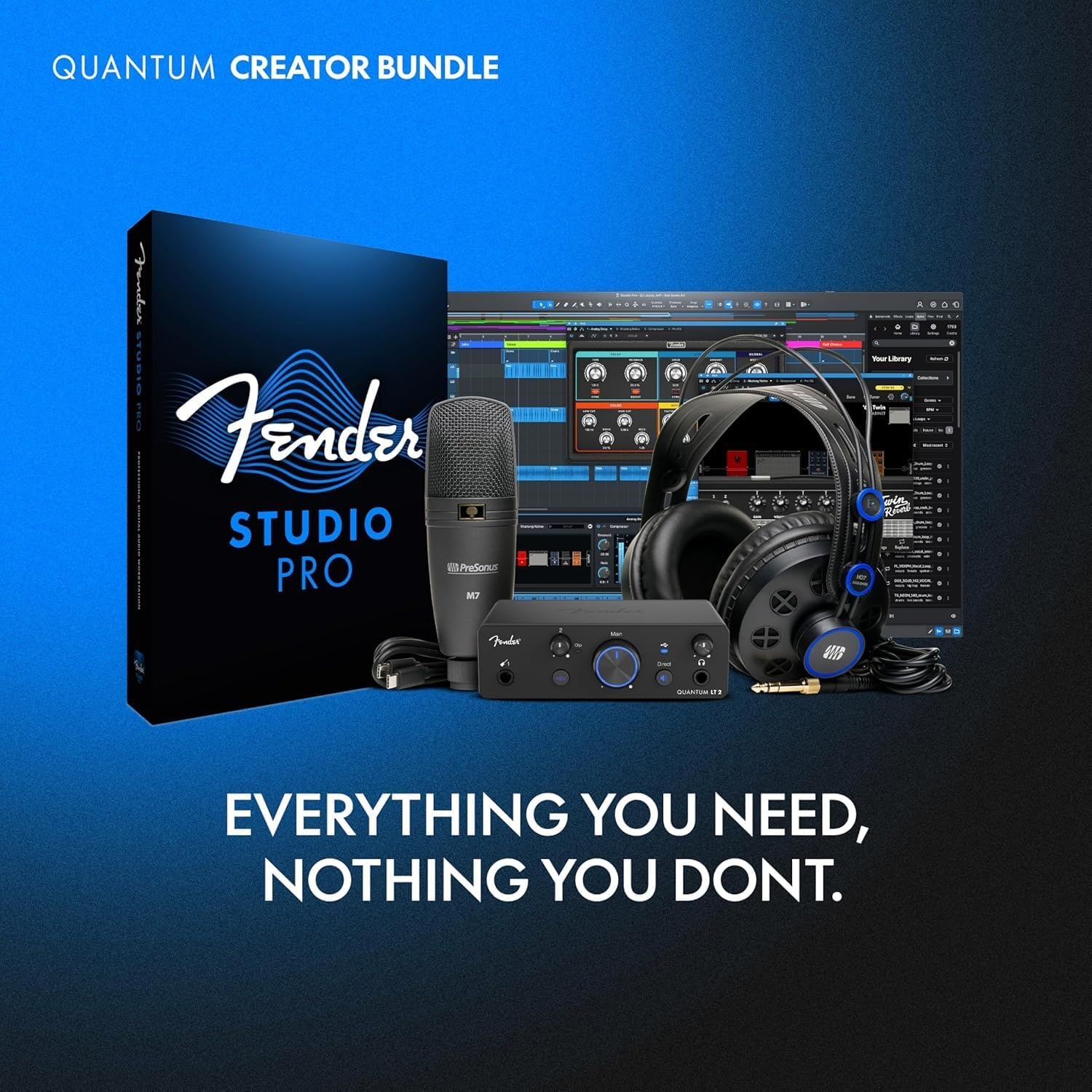 image:imageBundle of Fender Quantum Creator Bundle Home Recording Kit with Quantum LT 2 USBC Interface M7 Condenser Microphone HD7 Headphones and More Fender Professional Series Guitar Cable 10 ft Black