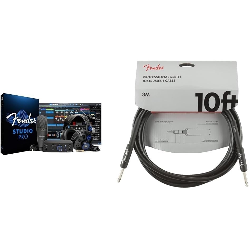 image:imageBundle of Fender Quantum Creator Bundle Home Recording Kit with Quantum LT 2 USBC Interface M7 Condenser Microphone HD7 Headphones and More Fender Professional Series Guitar Cable 10 ft Black