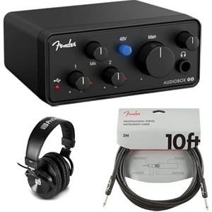 Fender AudioBox GO | 2×2 USB-C Audio Interface for Music Production + PreSonus HD5 Professional Monitoring Headphones + Fender Professional Series 10ft Instrument Cable