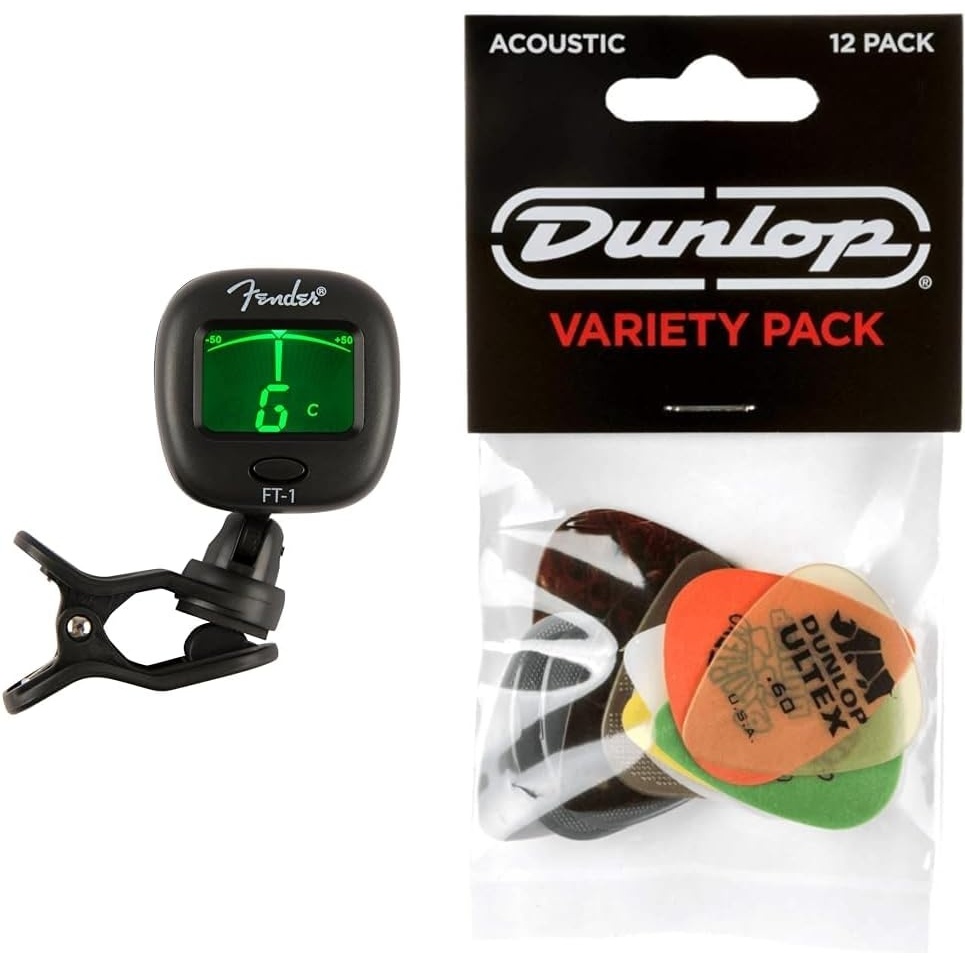 image:imageFender FT1 Chromatic ClipOn Guitar Tuner Bundle with 12 Jim Dunlop Variety Acoustic Guitar Picks